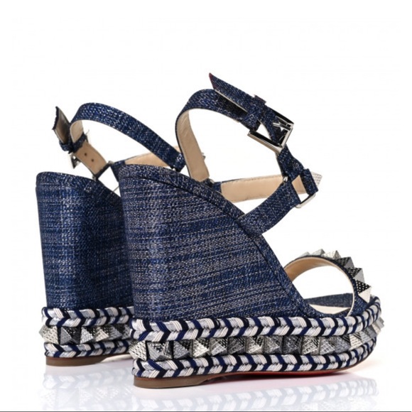 Chrisitan Louboutin Lame Lux Pyraclou 110 Wedge DENIM - Picture 3 of 6